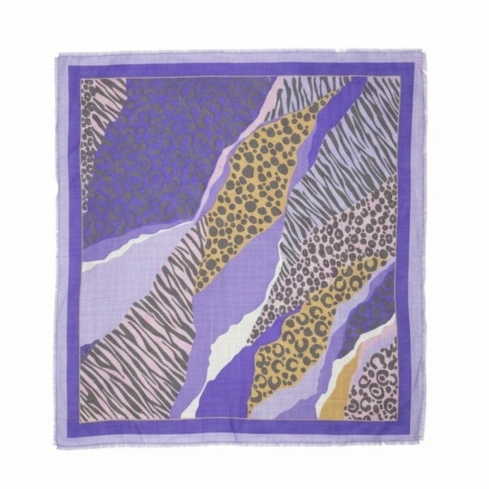 Purple Animal Print Square Scarf Leopard Zebra Patchwork Eyelash Fringe